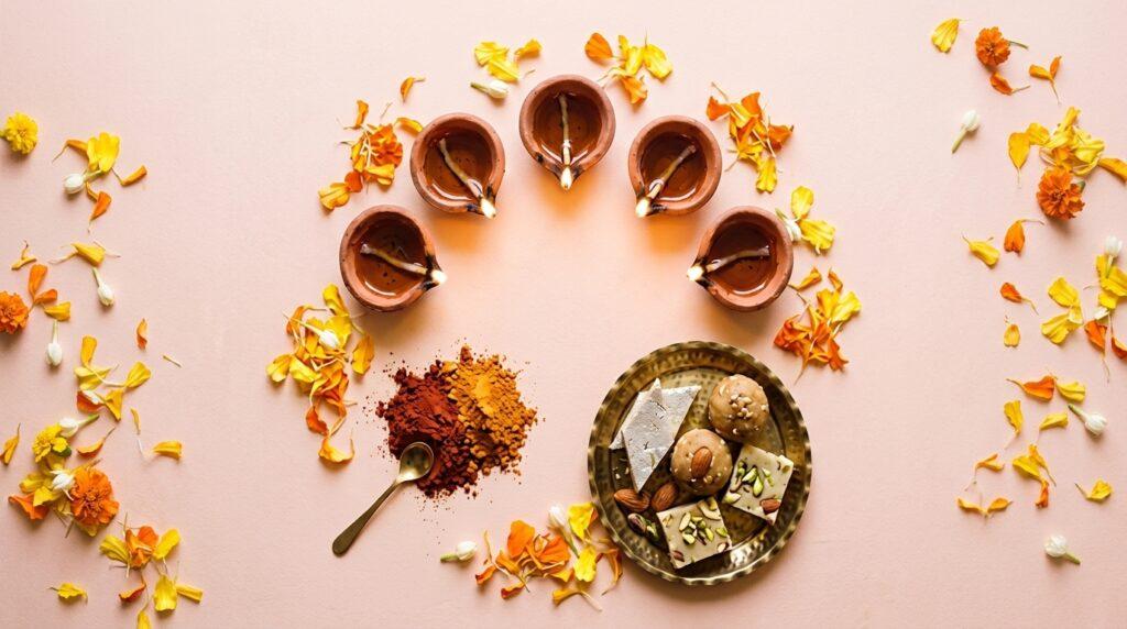Diwali diaspora rituals flatlay with diyas, rangoli, and mithai
