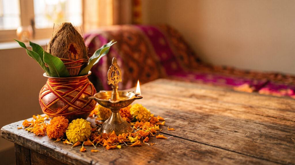 Lit diya and kalash pot with marigold petals, the featured image for an article explaining the meaning behind Navratri's rituals.